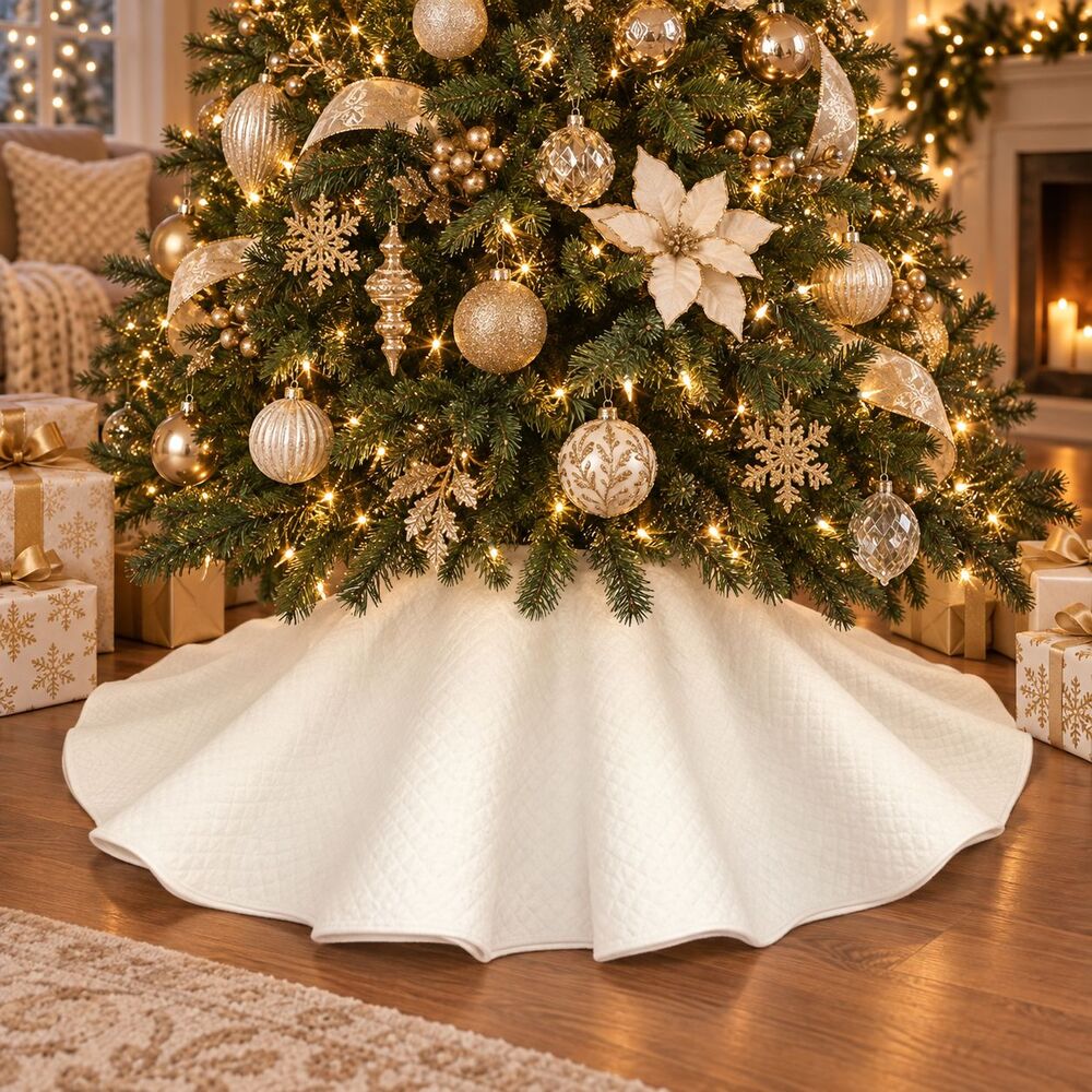 Christmas Waterford Linens Luxury Velvet 54" Tree Skirt Quilted White Beautiful